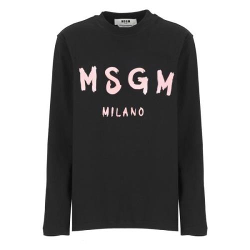 Zwart Katoenen T-shirt met Logo Print Msgm , Black , Dames