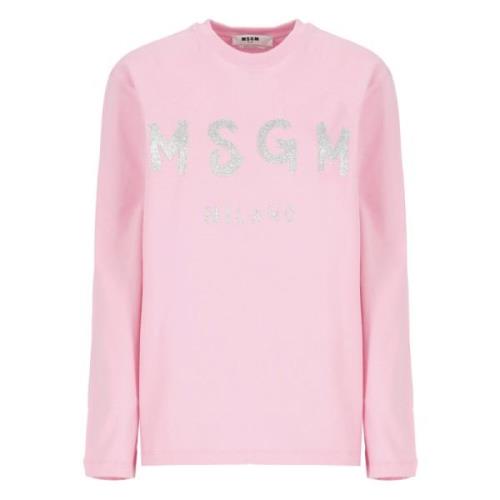 Roze Glitter Logo Crew Neck T-shirt Msgm , Pink , Dames