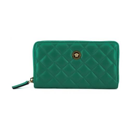 Gestikte Leren Ritsportemonnee Groen Versace , Green , Unisex