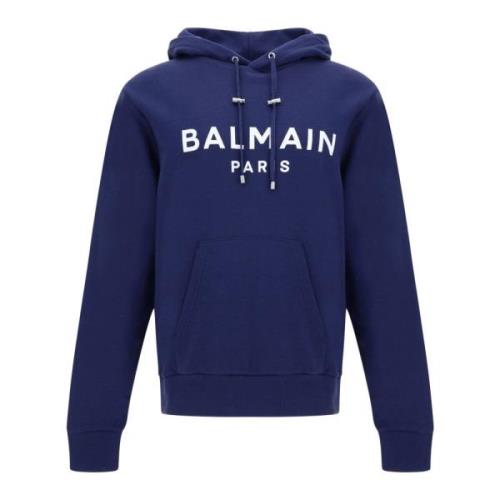 Navy Blue Monogram Hoodie Balmain , Blue , Heren