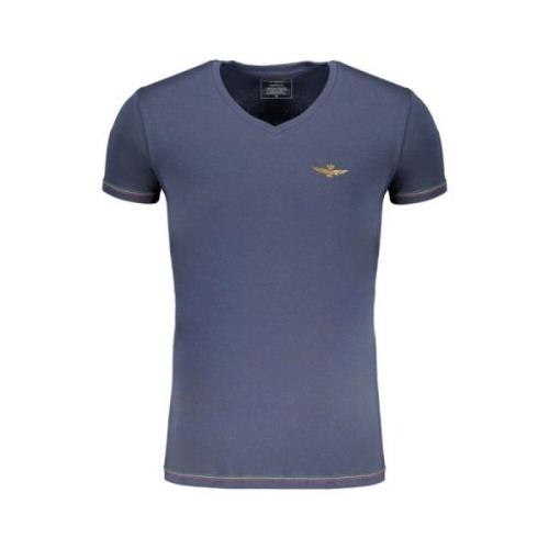 Blauw Katoenen T-Shirt met V-Hals Aeronautica Militare , Blue , Heren