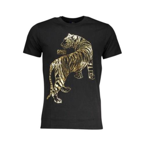 Zwart Katoenen T-Shirt met Print Logo Cavalli Class , Black , Heren