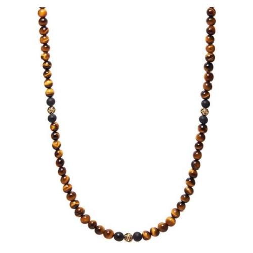 Beaded Necklace with Brown Tiger Eye and Gold Nialaya , Yellow , Heren