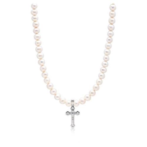 Pearl Necklace with Silver Cross Nialaya , Gray , Heren