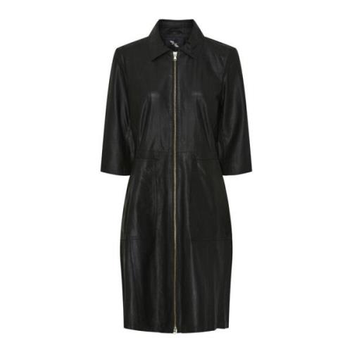 Zwarte leren jurk met rits en gouden accenten Btfcph , Black , Dames