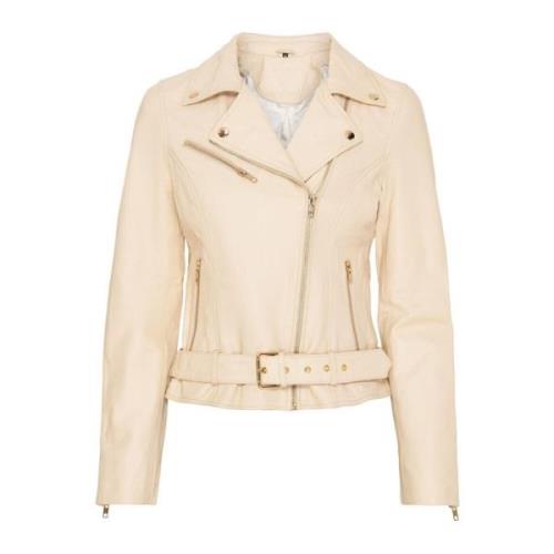 Biker Jacket Skind Ivory Light Gold Notyz , Beige , Dames