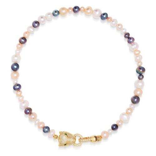 Womens Multi-Colored Pearl Choker with Gold Panther Head Nialaya , Yel...