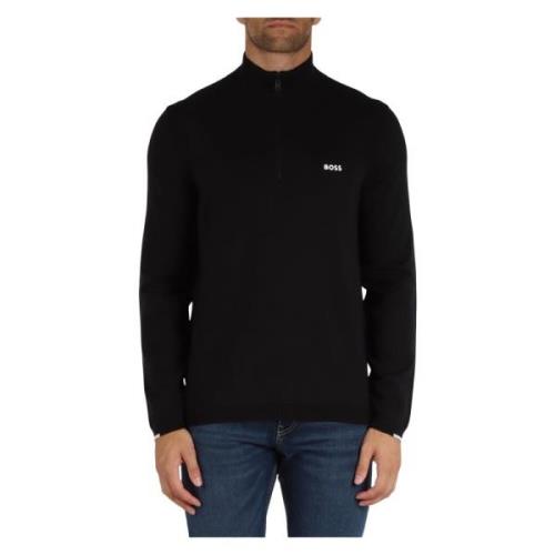 Zip Neck Tech-Flex Cotton Sweater Boss , Black , Heren