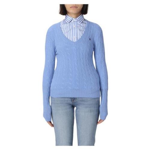 V-Hals Trui met Vlechtdetail Polo Ralph Lauren , Blue , Dames