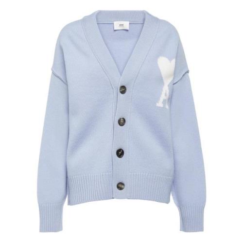 Blauwe Cashmere Logo Cardigan Oversize Ami Paris , Blue , Heren