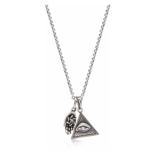 Mens Silver Necklace with Eye of Ra Triangle and Hamsa Hand Pendant Ni...