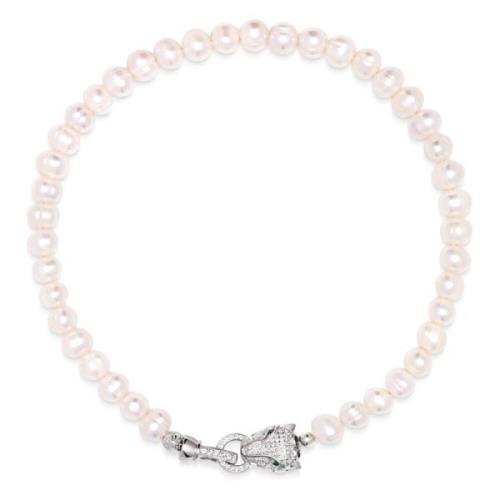 Womens Pearl Choker with Silver Panther Head Nialaya , Gray , Dames