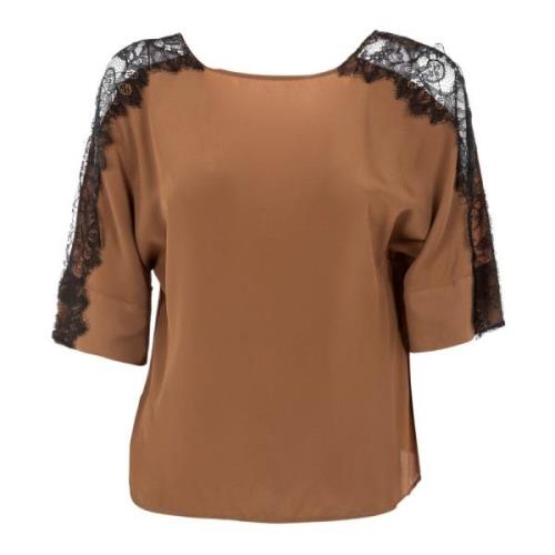 Bruine Zijden Zomerblouse met Kant Liu Jo , Brown , Dames