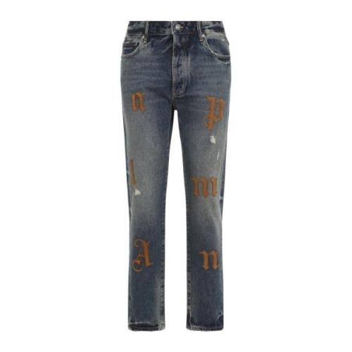 Blauw Gouden Bruin Logo Patch Jeans Palm Angels , Blue , Heren