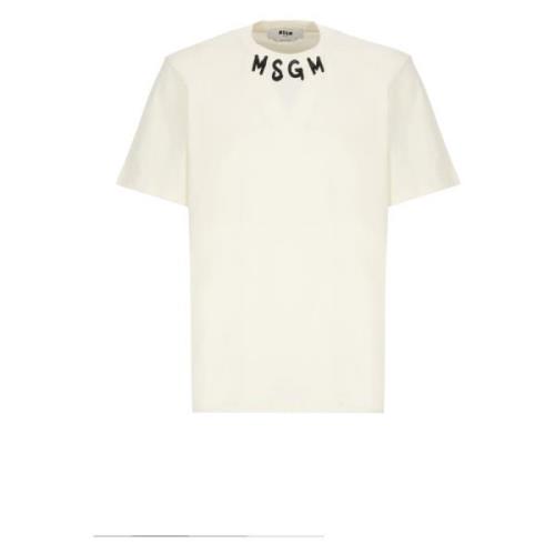 Heren Ivory Katoenen T-shirt met Logo Msgm , Beige , Heren