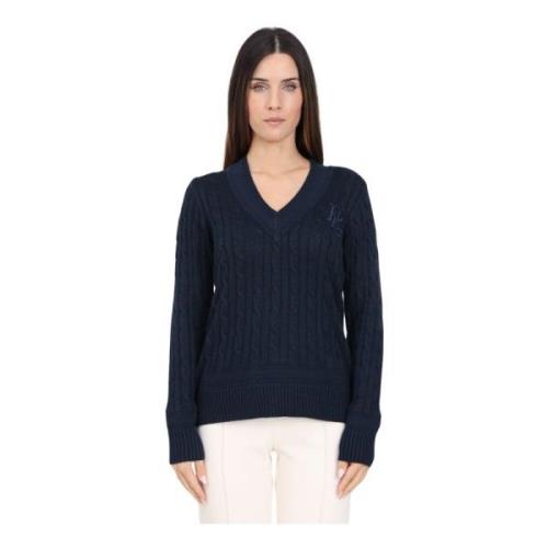 Blauwe V-hals trui met vlechtpatroon Ralph Lauren , Blue , Dames