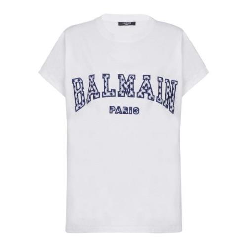 T-shirt met gingham ruit in Parijse stijl Balmain , White , Dames