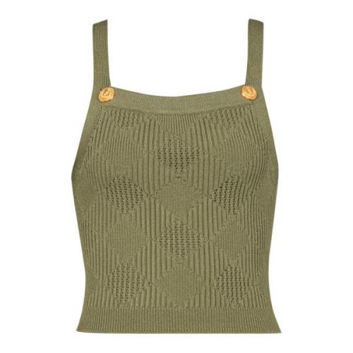 Cropped top in gingham openwork knit Balmain , Green , Dames