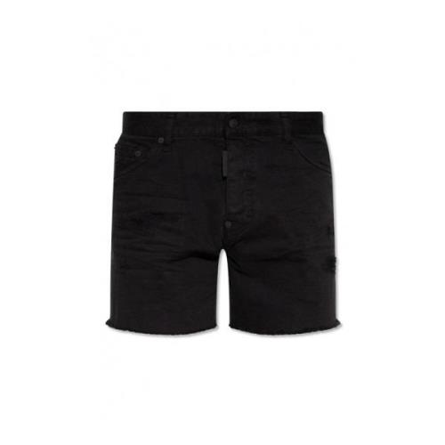 Zwarte Katoenen Shorts Franje Afwerking Dsquared2 , Black , Heren