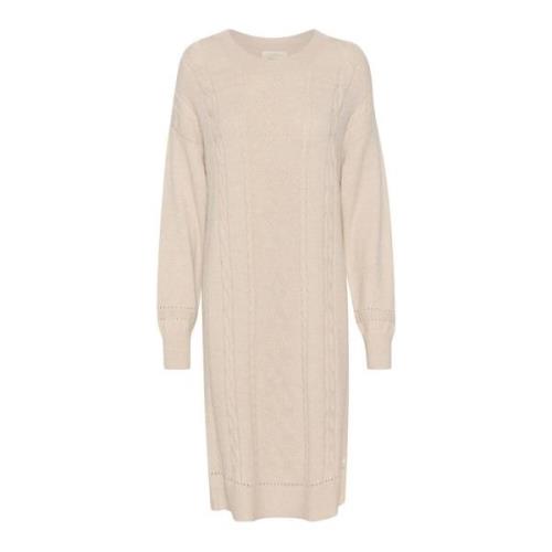 Gebreide Jurk Haver Melange Pofmouwen Cream , Beige , Dames