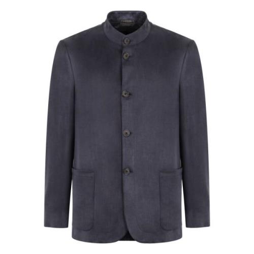 Mandarijn Kraag Twill Blazer met Knopen Giorgio Armani , Blue , Heren