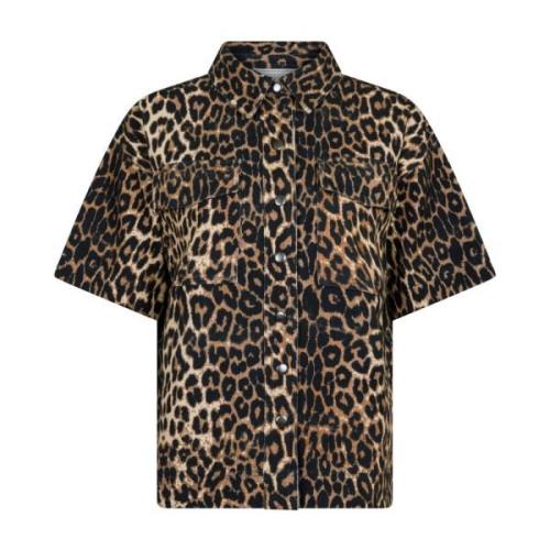 Leopard Print Denim Shirt Tiki Blouse Neo Noir , Brown , Dames