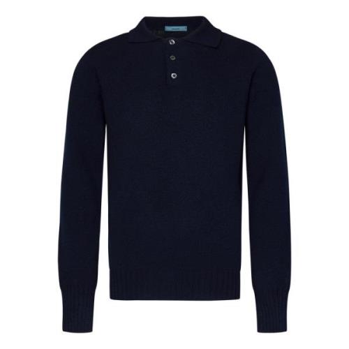 Blauwe Wollen Gebreide Polo Met Lange Mouwen Drumohr , Blue , Heren