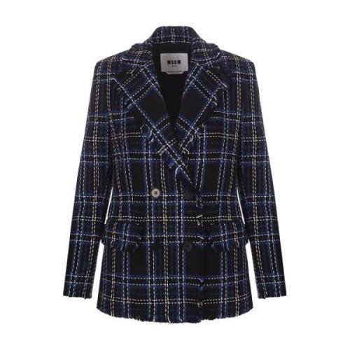 Blauwe Wol Tweed Double Breasted Blazer Msgm , Blue , Dames