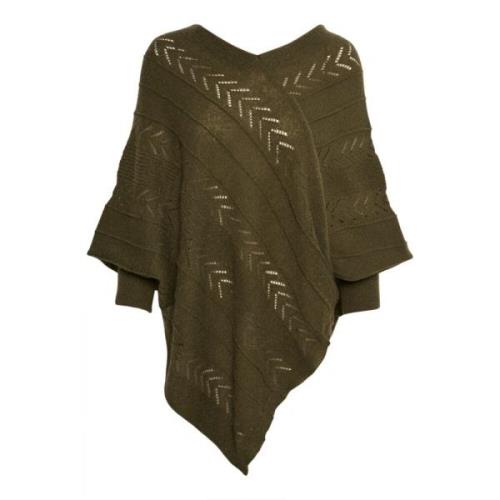 Gebreide Poncho met V-Hals en Patroon Cream , Green , Dames