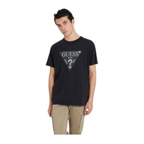 Katoenen Logo Driehoek Relief T-Shirt Guess , Black , Heren