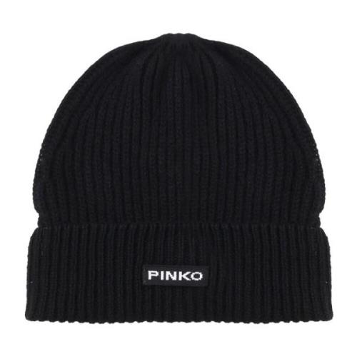 Zwarte Wol Beanie Hoed Logo Pinko , Black , Dames