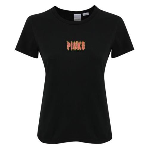 Zwarte katoenen T-shirt met logo borduurwerk Pinko , Black , Dames