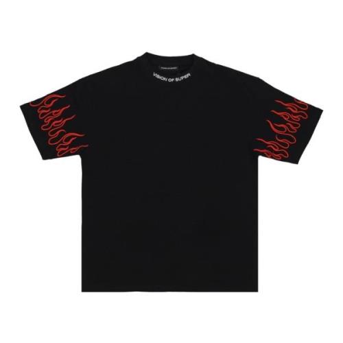 Vlammen Geborduurd T-shirt Zwart/Rood Vision OF Super , Black , Heren