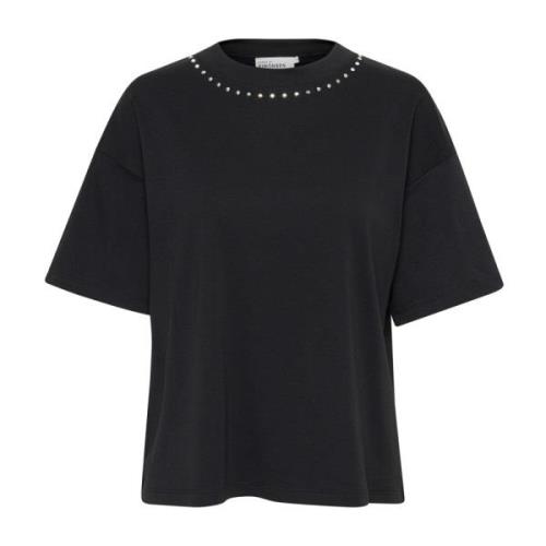 Coole Tee Top met Nitter Detail Karen by Simonsen , Black , Dames