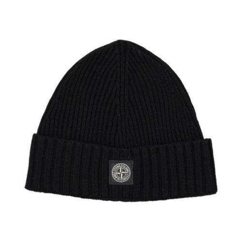 Chunky Ribbed Knit Logo Patch Hat Stone Island , Black , Heren