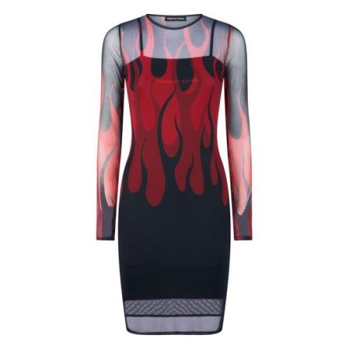 Flames Jurk Zwart/rood Korte Mouw Vision OF Super , Black , Dames