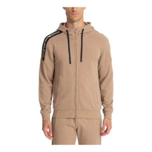 Trekkoord Rits Effen Logo Zakken Hoodie Emporio Armani EA7 , Beige , H...