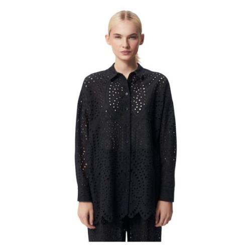 Elegante Katoenen Oversized Shirt met Engels Borduurwerk Bizuu , Black...