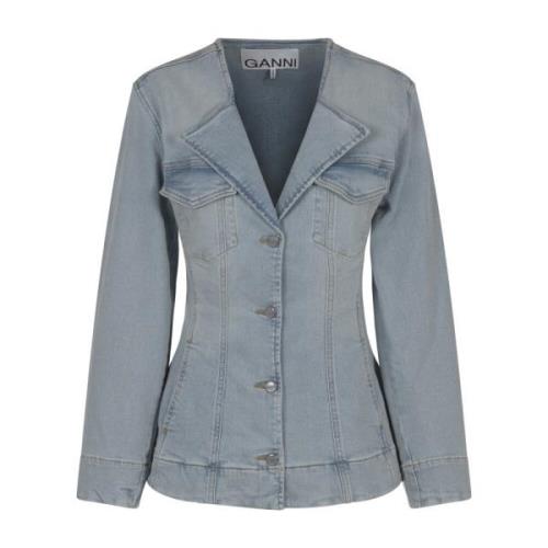 Denim Fitted Blazer Ganni , Blue , Dames