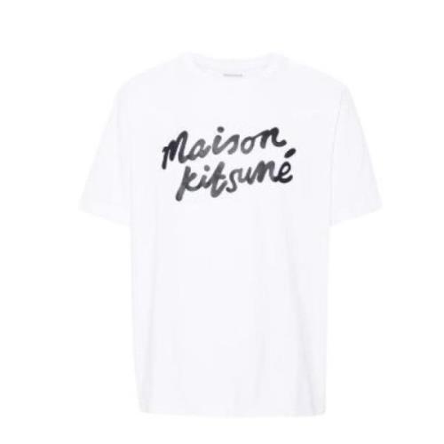 Wit Katoenen Tee-Shirt met Logo Print Maison Kitsuné , White , Heren