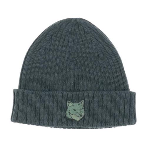 Gebreide wollen beanie met vossenpatch Maison Kitsuné , Green , Heren