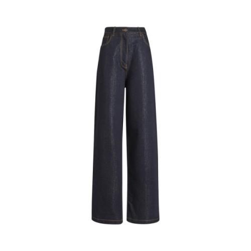 Blauwe Baggy Jeans met Leren Flap Etro , Blue , Dames