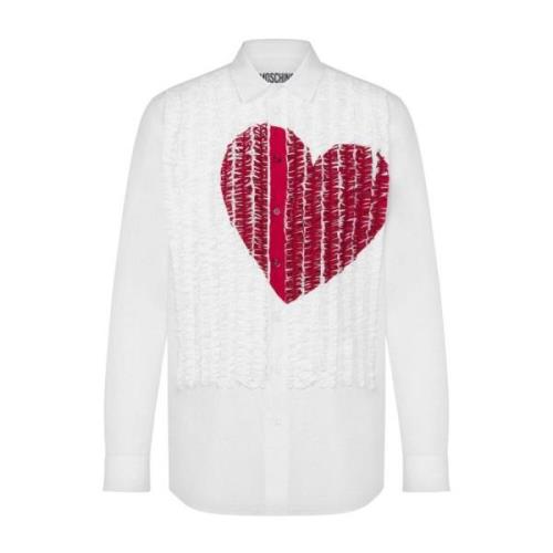 Hart Print Gerimpeld Shirt Moschino , White , Heren