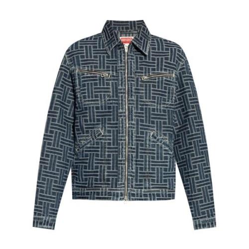 Denim Jacquard Logo Motif Leren Jas Kenzo , Blue , Heren