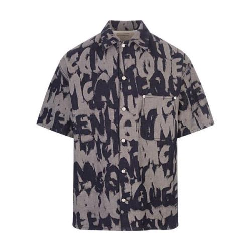 Indigo Denim Hawaiian Shirt met Graffiti Patroon Alexander McQueen , M...