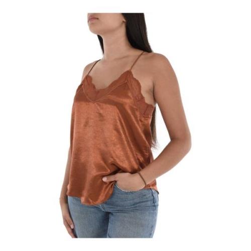 Satin V-hals top, recht model See u soon , Brown , Dames