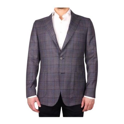 Wollen Tartan Blazer Blauw-Grijs Ontwerp Made in Italia , Brown , Here...