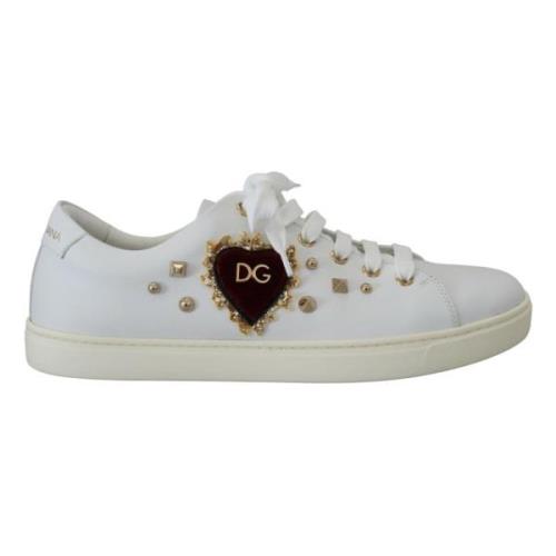 Witte Leren Sneakers met Gouden Studs Dolce & Gabbana , White , Dames