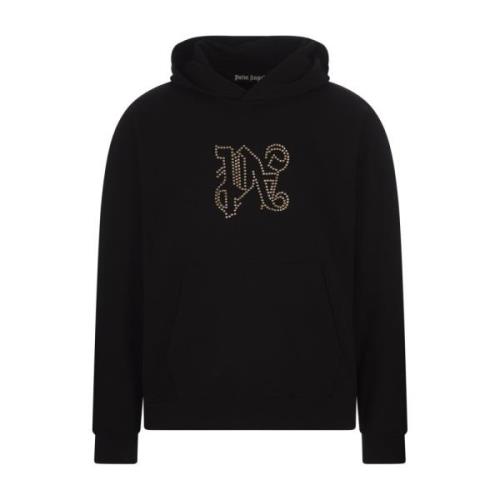 Studded Monogram Zwarte Katoenen Hoodie Palm Angels , Black , Heren