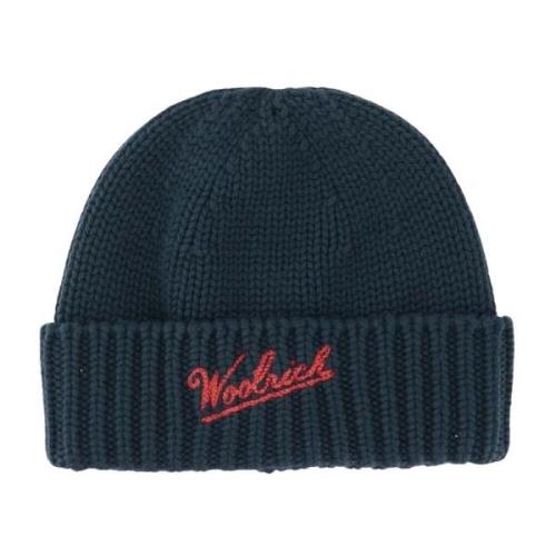 Groene Wollen Beanie met Logo Borduursel Woolrich , Blue , Heren